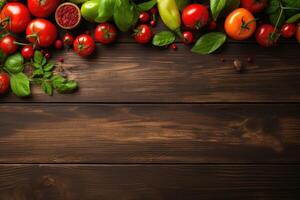 ai gegenereerd vers rauw groente ingrediënten voor gezond Koken Aan houten tafel Aan donker achtergrond foto