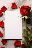 ai gegenereerd verticaal mockup wit blanco papier vel met rood rozen top visie Aan marmeren steen, sjabloon leeg kaart vlak leggen met kopiëren ruimte foto