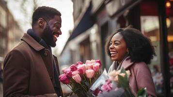 ai gegenereerd glimlachen Mens geeft bloemen naar vrouw Aan Valentijnsdag dag foto