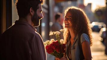 ai gegenereerd glimlachen Mens geeft bloemen naar vrouw Aan Valentijnsdag dag foto
