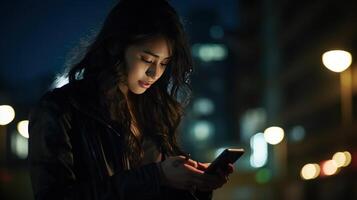 ai gegenereerd detailopname van vrouw gebruik makend van mobiel telefoon Bij nacht Bij nacht foto