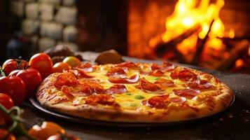 ai gegenereerd vers gebakken peperoni pizza met borrelen kaas en levendig tomaten, gepresenteerd Aan een rustiek tafel tegen een vurig hout oven backdrop foto