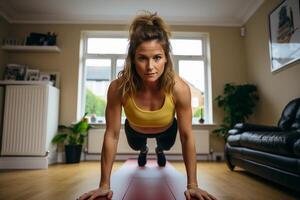 ai gegenereerd jong vrouw oefenen Bij huis. sport- en gezond levensstijl. ai gegenereerd. foto