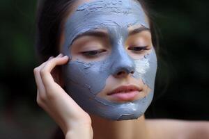 ai gegenereerd jong vrouw toepassen een klei masker Aan haar gezicht. huidsverzorging en cosmetologie. ai gegenereerd. foto