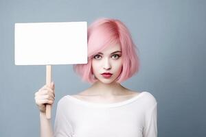 ai gegenereerd echt jong vrouw met roze haar- Holding blanco mockup teken Aan blauw achtergrond. ai gegenereerd. foto