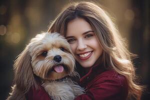 ai gegenereerd glimlachen jong vrouw knuffelen haar hond. ai gegenereerd. foto