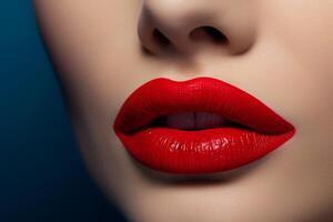 ai gegenereerd vrouwen lippen met helder rood lippenstift, dichtbij omhoog. bedenken details. ai gegenereerd. foto