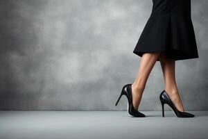 ai gegenereerd mooi vrouwen voeten in hoge hakken schoenen Aan grijs achtergrond, kopiëren ruimte. ai gegenereerd. foto