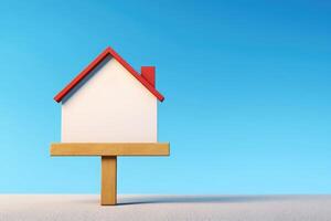 ai gegenereerd huis miniatuur Aan blauw achtergrond, klein houten huis, minimalisme foto