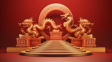 ai gegenereerd Chinese nieuw jaar en gouden draak jaar podium foto