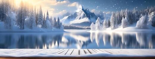 ai gegenereerd besneeuwd winter landschap met houten pier leidend naar een bevroren meer. een rustig verkoudheid natuur, omringd door met sneeuw bedekt pijnboom bomen. naald- Woud achtergrond. foto