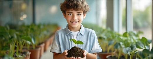 ai gegenereerd jong jongen glimlachen met ingemaakt fabriek in zonnig serre. gewiegd in zijn handen, een delicaat jonge boom staat net zo een embleem van koesteren in kinderen liefde en respect voor natuur. aarde dag foto