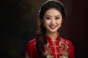 ai gegenereerd mooi Chinese vrouw vervelend rood traditioneel kleren met generatief ai foto