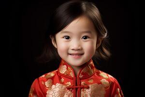 ai gegenereerd een jong Chinese meisje vervelend rood Chinese traditioneel jurk met generatief ai foto