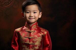 ai gegenereerd een jong Chinese jongen vervelend rood Chinese traditioneel kleren met generatief ai foto