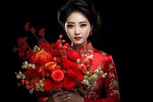 ai gegenereerd mooi Chinese vrouw vervelend rood traditioneel kleren en Holding rood bloemen met generatief ai foto