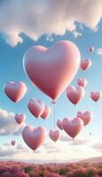 ai gegenereerd bundel van hart vormig pastel roze ballonnen drijvend hoog in de blauw lucht achtergrond, zacht delicaat roze, Valentijn stemming, terughoudend ruimte voor tekst of reclame, verticaal, generatief ai foto