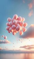 ai gegenereerd een bundel van pastel roze ballonnen drijvend hoog in de blauw lucht achtergrond, zacht delicaat roze, Valentijn stemming, maand van liefde, terughoudend ruimte voor tekst of reclame, generatief ai foto