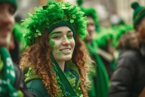 ai gegenereerd st. Patrick dag viering, vrolijk groep in groen foto