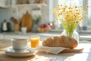 ai gegenereerd glutenvrij ontbijt in een knus keuken met vers brood foto