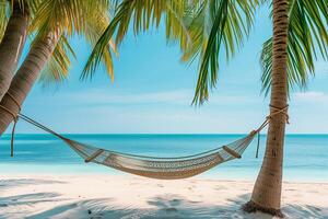 ai gegenereerd tropisch paradijs hangmat tussen palm bomen Aan zanderig strand foto