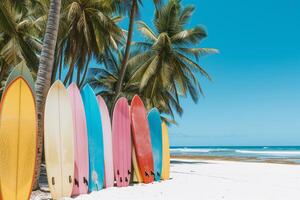 ai gegenereerd kleurrijk surfplanken Aan zanderig strand , tropisch kust- paradijs foto