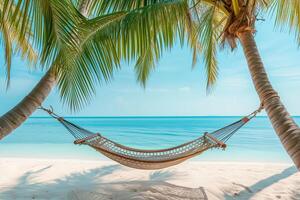 ai gegenereerd tropisch paradijs hangmat tussen palm bomen Aan zanderig strand foto