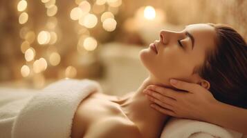 ai gegenereerd vrouw ontspannende in een vredig massage sessie met teder handen van masseur foto