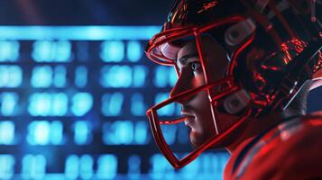 ai gegenereerd Amerikaans voetbal speler portret in 3d, digitaal achtergrond met helm uit foto
