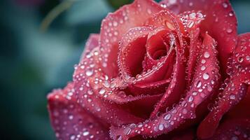 ai gegenereerd mooi detailopname rood roos subtiel gedekt in ochtend- dauw, met kopiëren ruimte foto