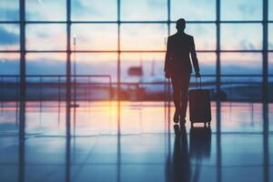 ai gegenereerd professionals op reis voor werk, inclusief luchthavens foto