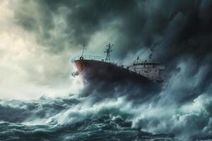 ai gegenereerd tanker vaartuig schip is het zeilen in oceaan door de zwaar storm . foto