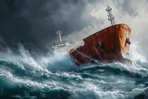 ai gegenereerd tanker vaartuig schip is het zeilen in oceaan door de zwaar storm . foto