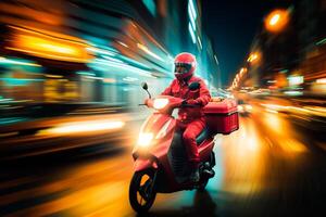 ai gegenereerd voedsel levering Mens rijden motorfiets Aan de weg Bij nacht , leveren pakket naar klant Bij nacht met licht spoor . foto