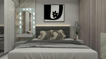 meester slaapkamer ontwerp met koning bed kader en dressing tafel, 3d illustratie foto