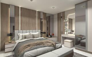 modern meester slaapkamer ontwerp gebruik makend van houten paneel en bedenken tafel 3d illustratie foto