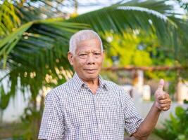 vrolijk senior Mens tonen duim omhoog gebaar terwijl staand in een tuin foto