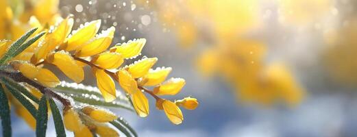 ai gegenereerd glinsterend geel bloemen gedekt in dauw vangst de ochtend- licht. voorjaar vakantie achtergrond. ansichtkaart voor vrouwen dag. de dauwdruppels fonkeling Leuk vinden klein juwelen net zo de zon stralen verlichten foto