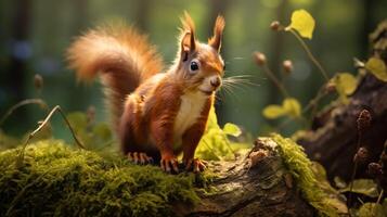 ai gegenereerd een eekhoorn is zittend Aan een boom Afdeling in de Woud foto