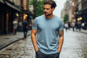 ai gegenereerd klassiek ronde hals t-shirt mockup met model- 18 foto