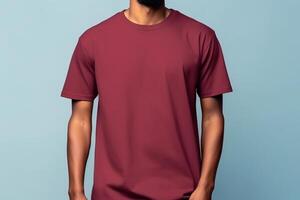 ai gegenereerd bordeaux rood klassiek ronde hals t-shirt mockup met model- foto