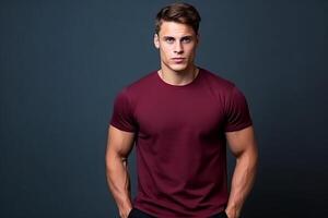 ai gegenereerd bordeaux rood klassiek ronde hals t-shirt mockup met model- foto