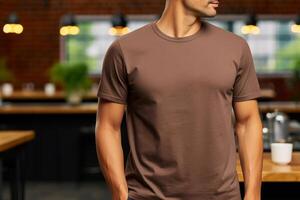 ai gegenereerd bruin klassiek ronde hals t-shirt mockup met model- foto