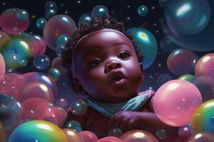 ai gegenereerd zwart pasgeboren omringd met kleurrijk bubbels. genereren ai foto