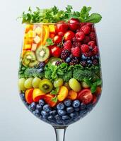 ai gegenereerd glas gevulde met een verscheidenheid van vers fruit en groenten. een beeld van een glas gevulde met een kleurrijk assortiment van vers fruit en groenten. foto