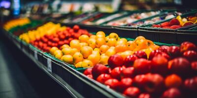 ai gegenereerd openhartig fotograaf van een vrouw winkelen. een bundel van fruit dat zijn Aan Scherm foto