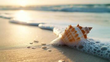 ai gegenereerd detailopname van een strand schelp, omarmd door teder golven, een tijdloos kust- schat, ai gegenereerd foto