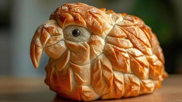 ai gegenereerd uniek brood brood lijkt op een papegaai resting Aan een houten tafel, ai gegenereerd foto