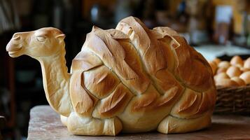 ai gegenereerd uniek brood brood lijkt op een kameel resting Aan een houten tafel, ai gegenereerd foto