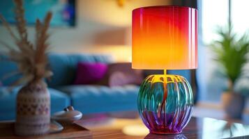 ai gegenereerd een kleurrijk lamp met een glas top genade een tafel, een levendig verlichting middelpunt. ai gegenereerd foto